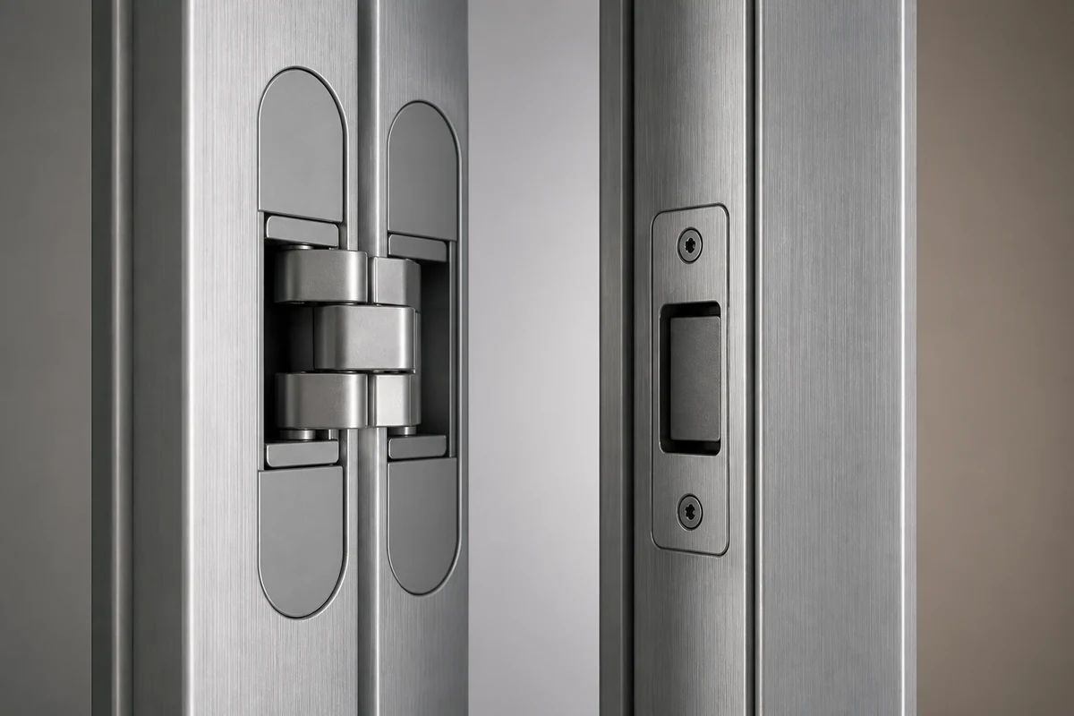 Balama ascunsă 3D reglabilă montată pe tocul din aluminiu al unei uși filomuro Balama ascunsă 3D reglabilă montată pe tocul din aluminiu al unei uși filomuro
