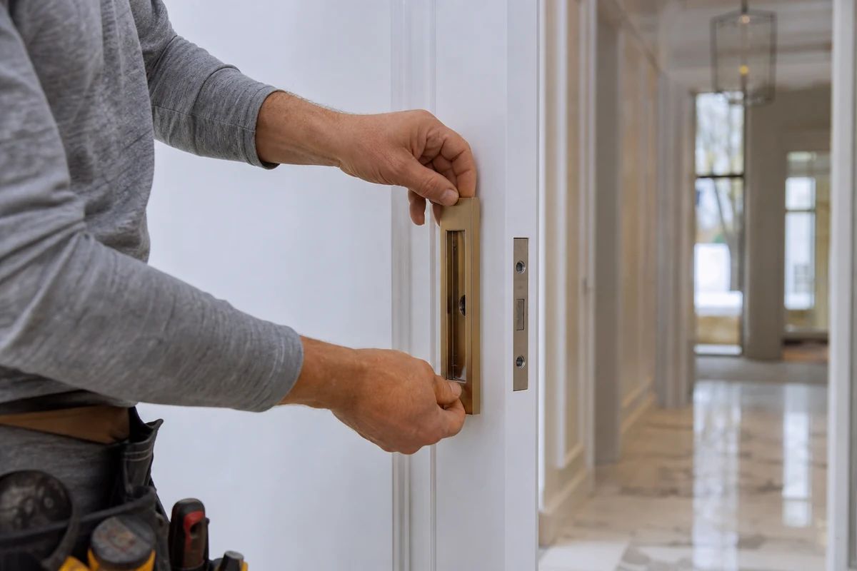 Montator instalând tocul din aluminiu al unei uși filomuro pe șantier Montator instalând tocul din aluminiu al unei uși filomuro pe șantier