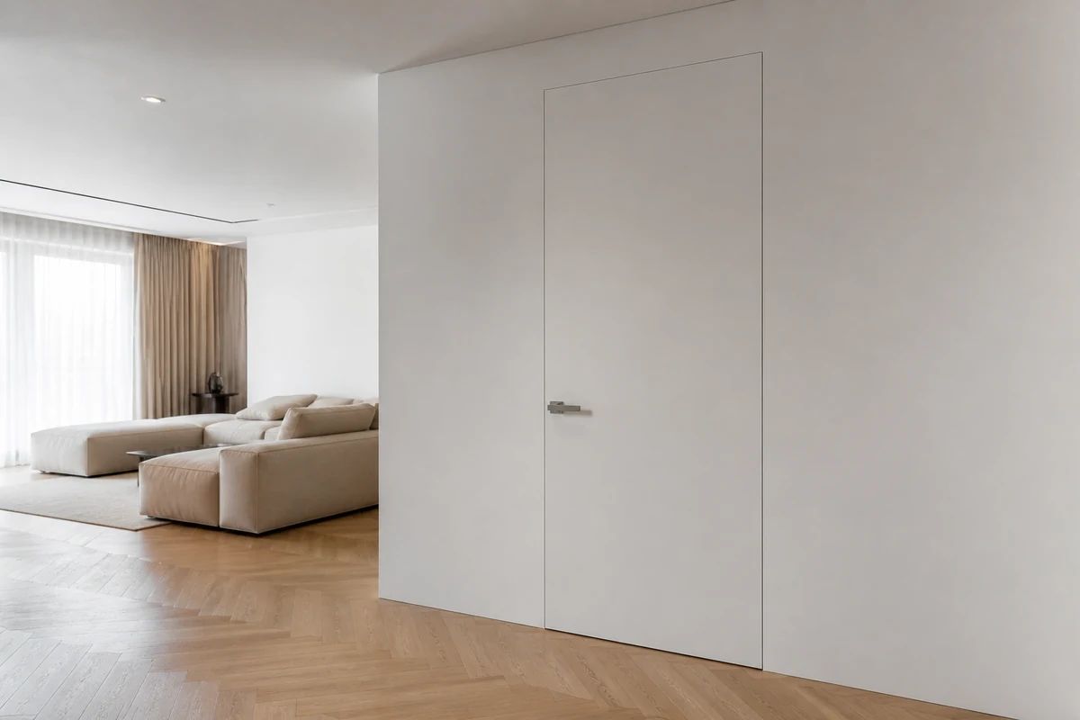 Ușă filomuro cu toc ascuns, coplanară cu peretele alb într-un interior minimalist