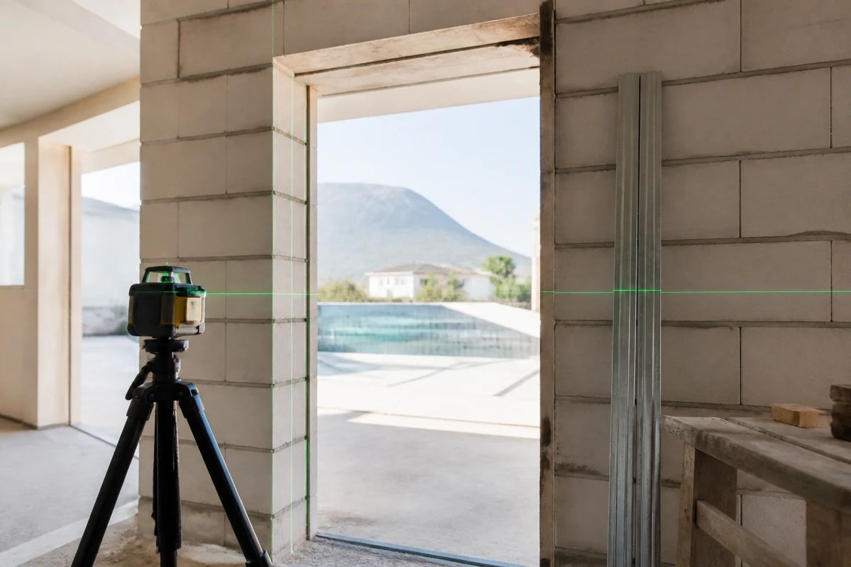 Măsurarea cu nivelă laser a golului de zidărie pentru montajul unei uși filomuro
