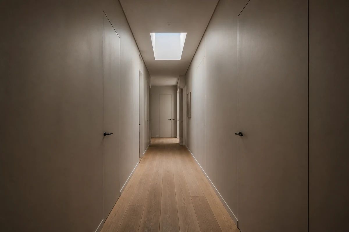 Hol minimalist cu uși filomuro coplanare, pereți albi și iluminat discret
