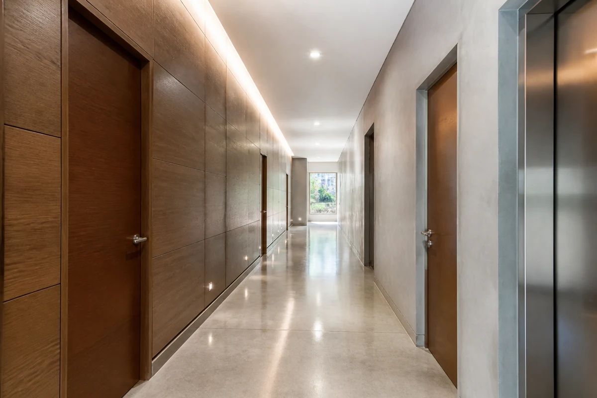 Ansamblu rezidențial modern cu apartamente echipate cu uși filomuro identice pe toate unitățile