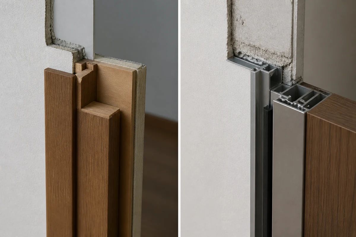 Comparație vizuală între un profil de toc din aluminiu și un toc clasic din lemn