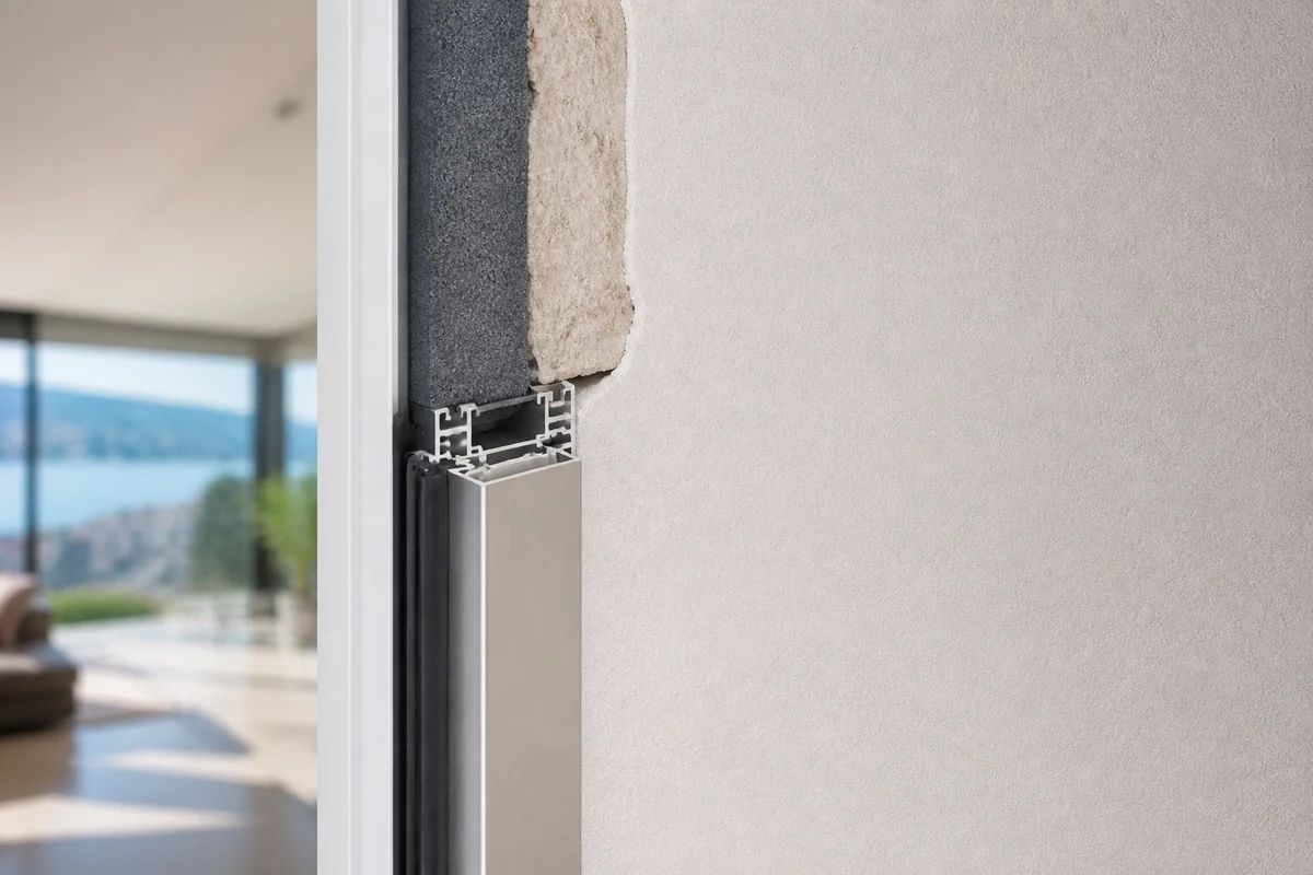 Detaliu toc ascuns din aluminiu montat în perete pentru ușă filomuro Detaliu toc ascuns din aluminiu montat în perete pentru ușă filomuro