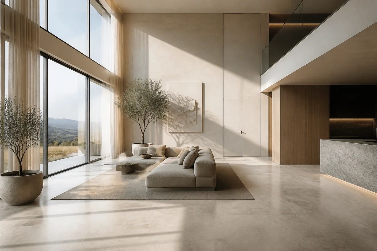 Ușă filomuro oversize, înaltă până aproape de tavan, într-un hol minimalist