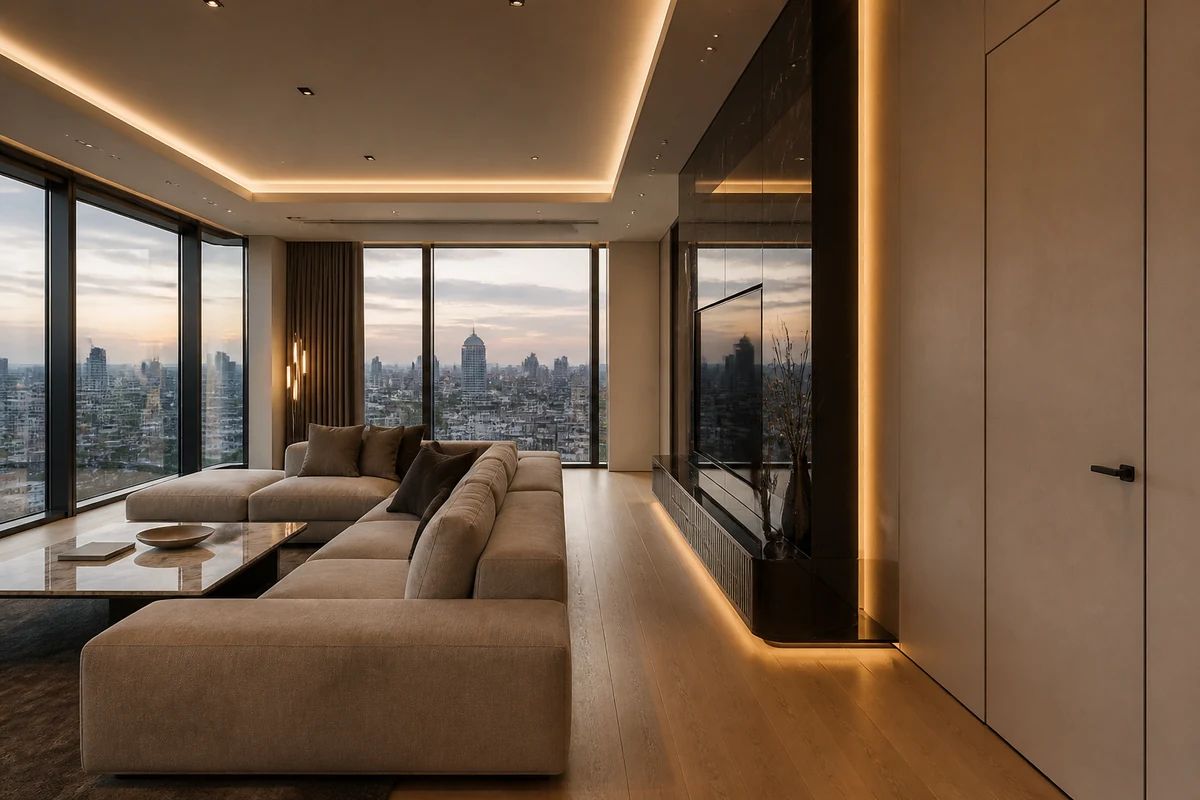 Ușă de interior premium cu finisaj vopsit și feronerie ascunsă montată într-un living minimalist Ușă de interior premium cu finisaj vopsit și feronerie ascunsă montată într-un living minimalist