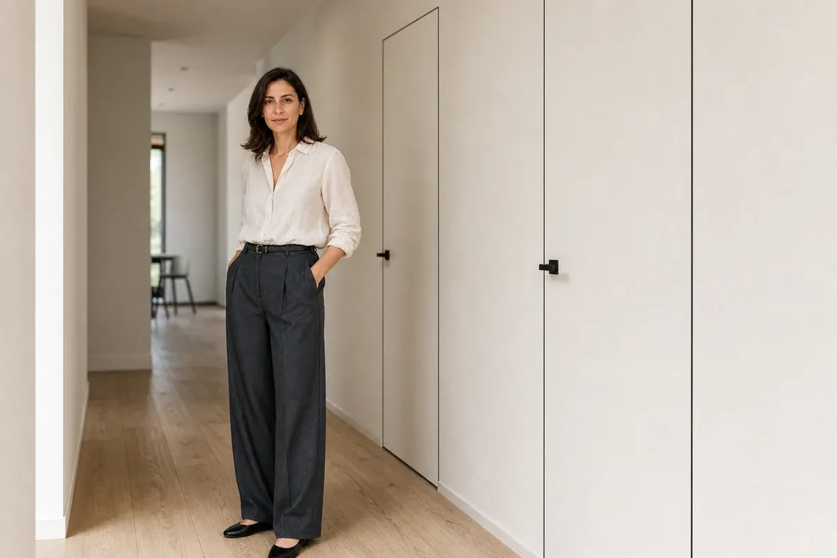 Ioana în holul minimalist al vilei, lângă două uși filomuro Spectre cu linii negre subțiri