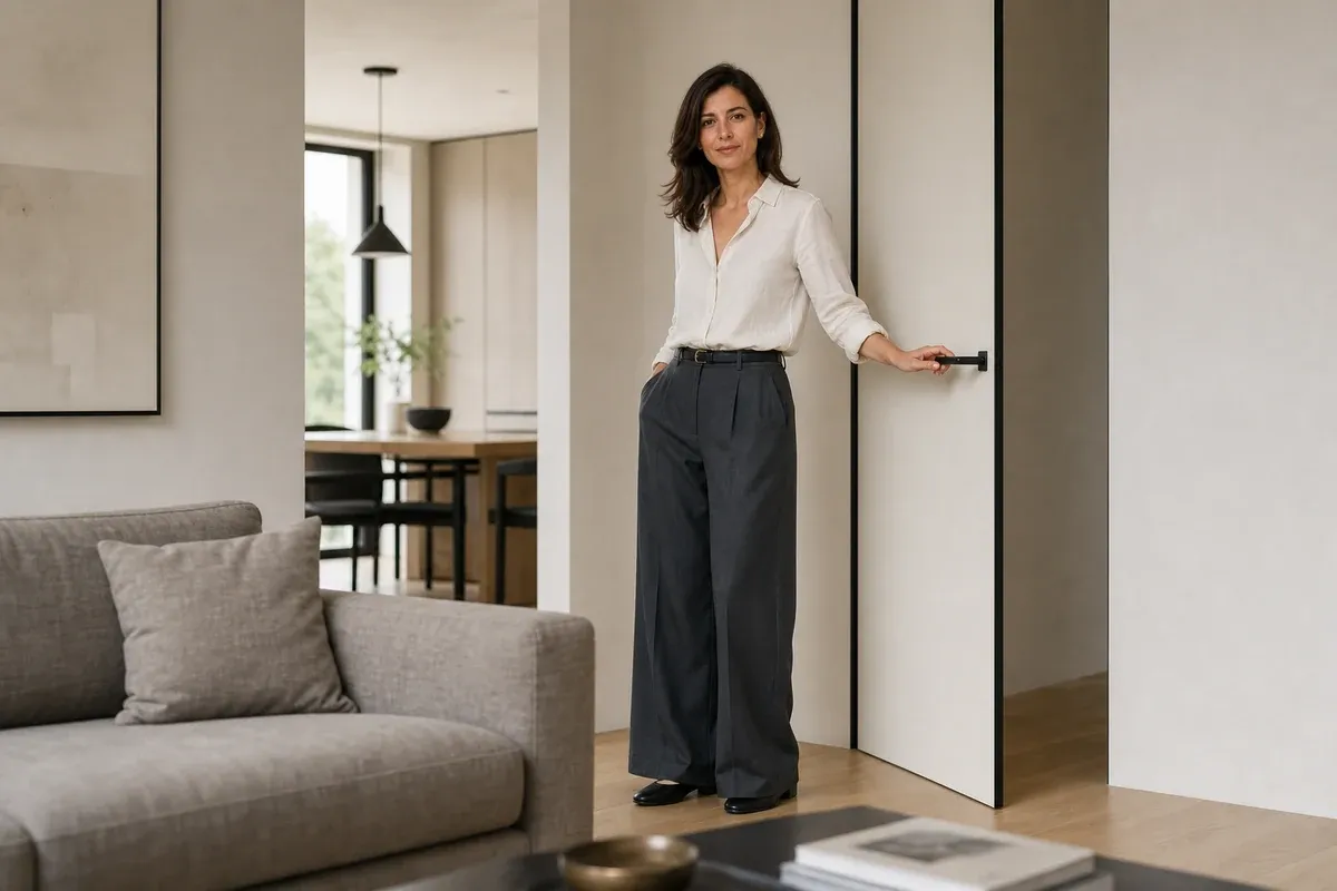 Ioana deschide ușa filomuro Spectre din livingul open space — linie neagră fină, lumină naturală